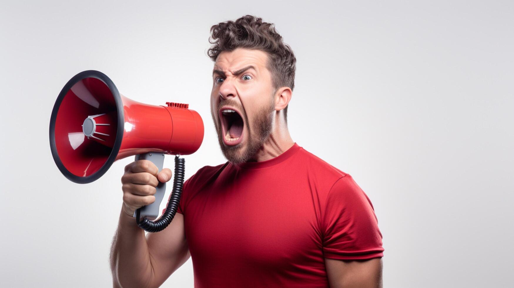 AI generated man holding megaphone standing on White background photo