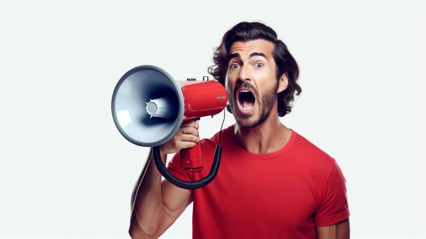 AI generated man holding megaphone standing on White background photo