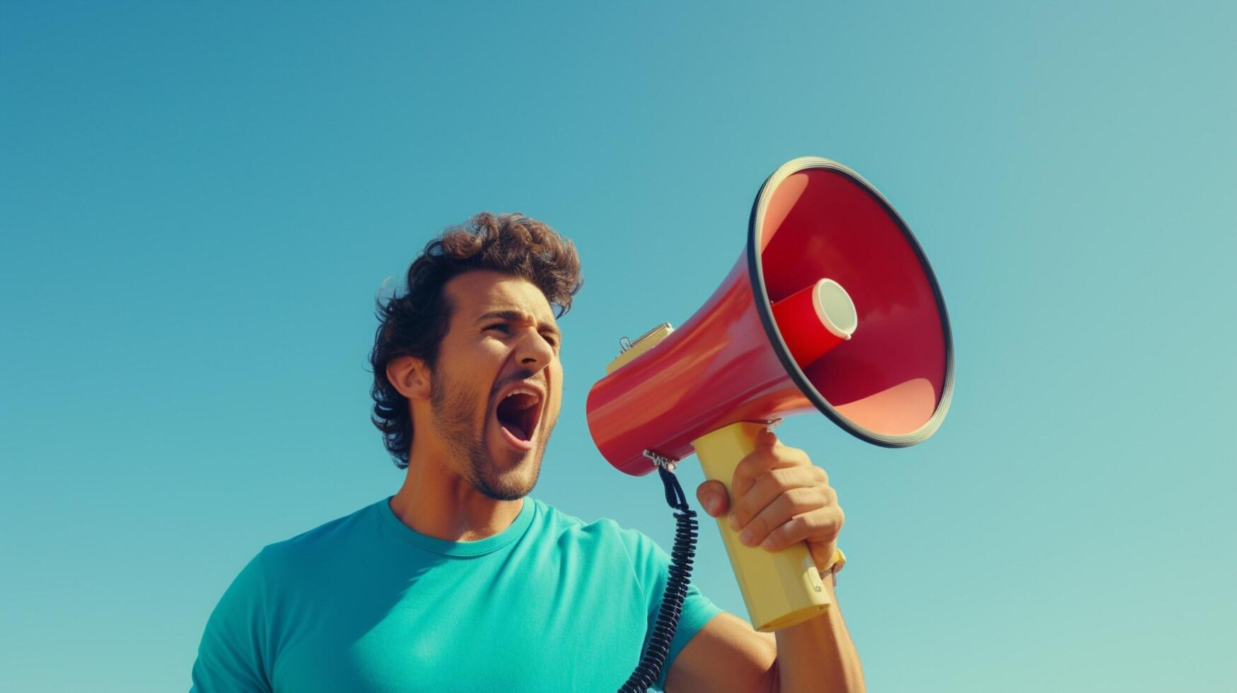 AI generated man holding megaphone standing on Turquoise background photo