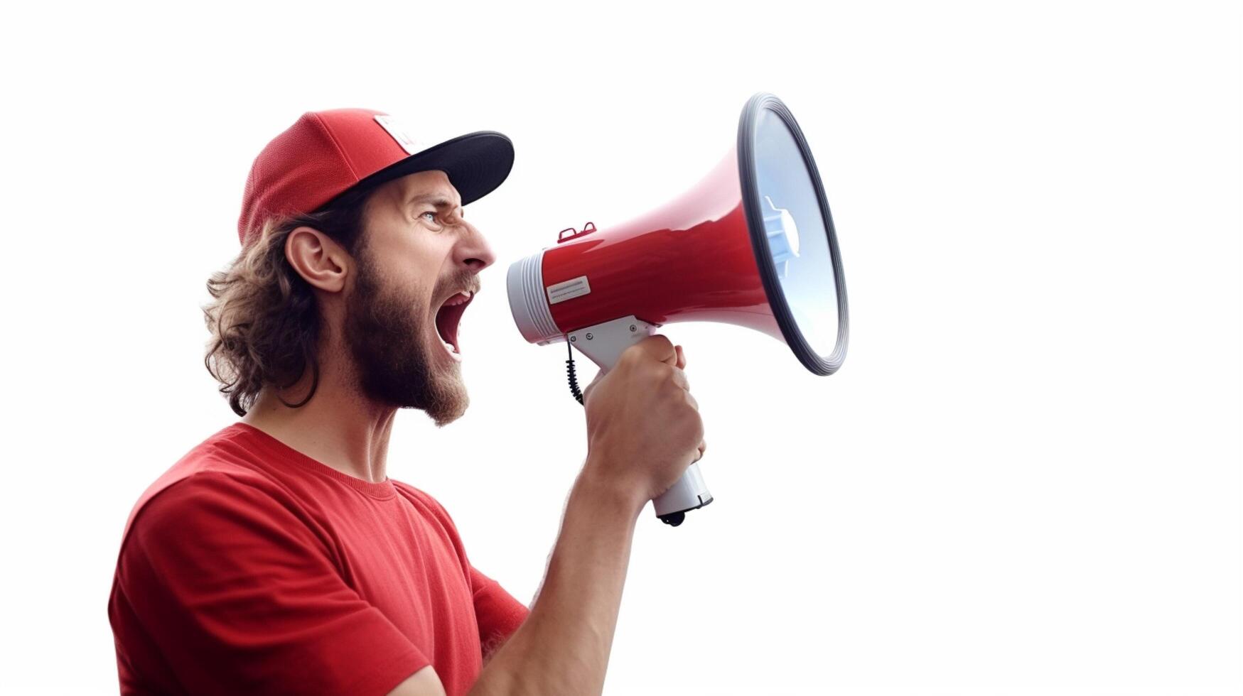 AI generated man holding megaphone standing on White background photo