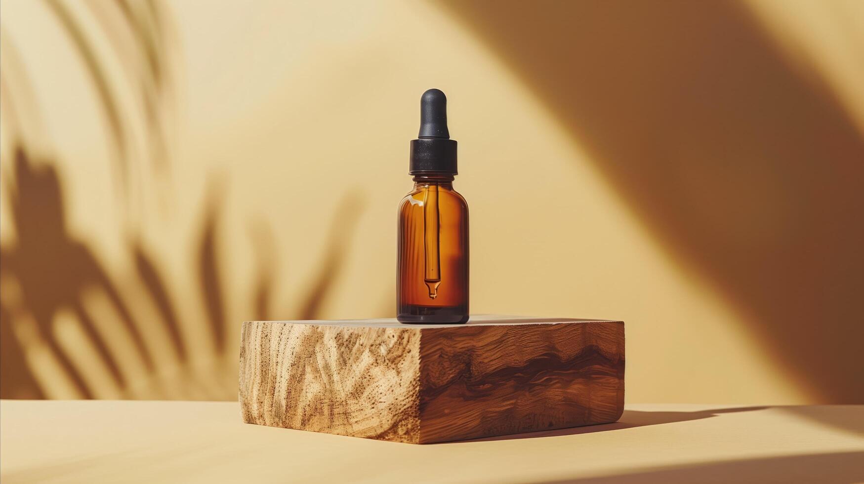 AI generated Amber dropper bottle with shadow on neutral background photo