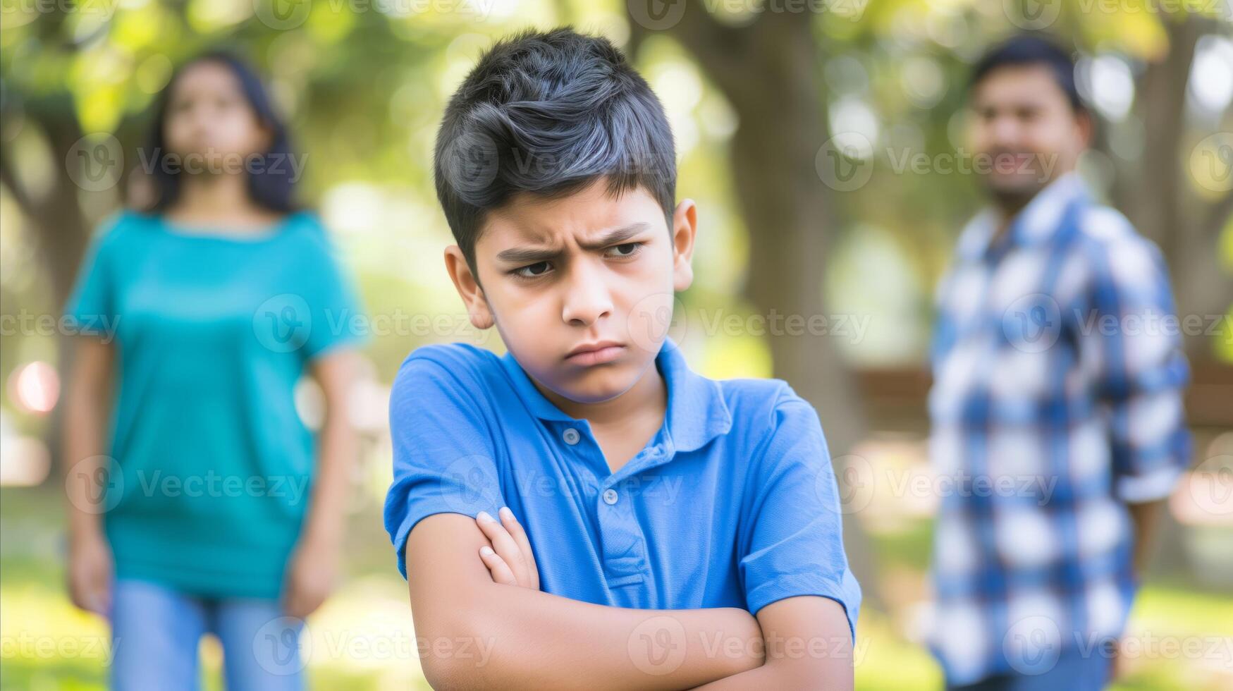 AI generated Upset boy with arms crossed in a family argument at park photo