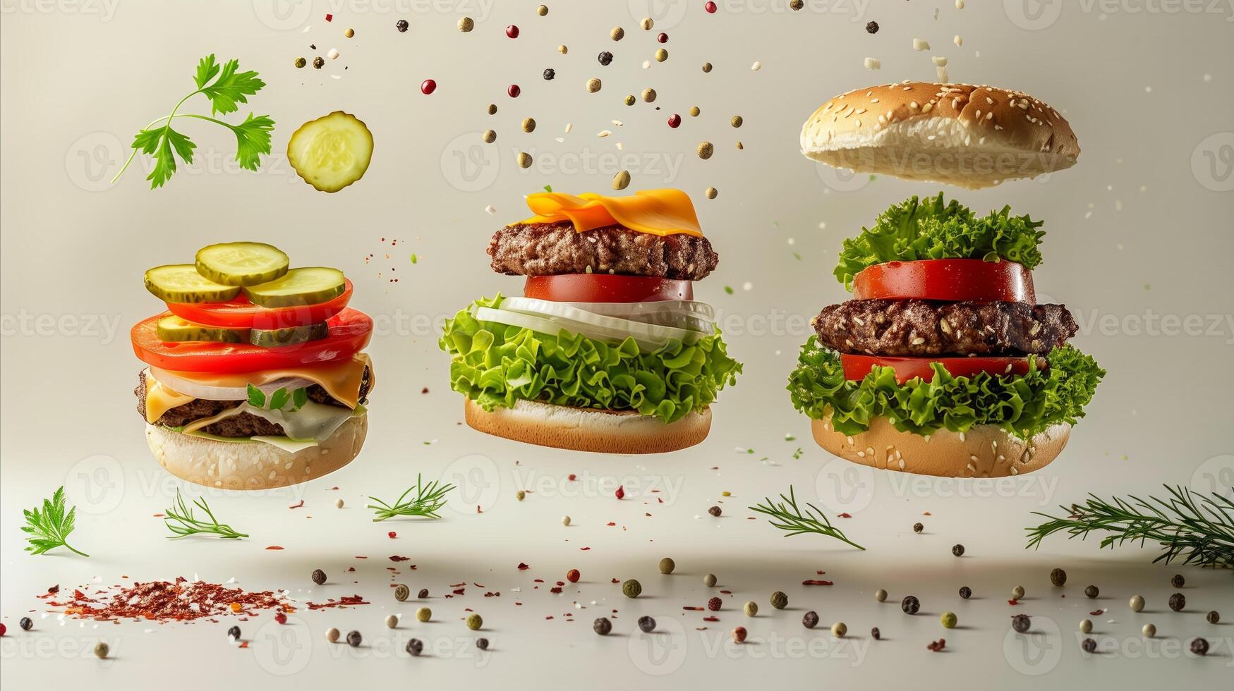 AI generated Deconstructed hamburger ingredients floating mid-air photo