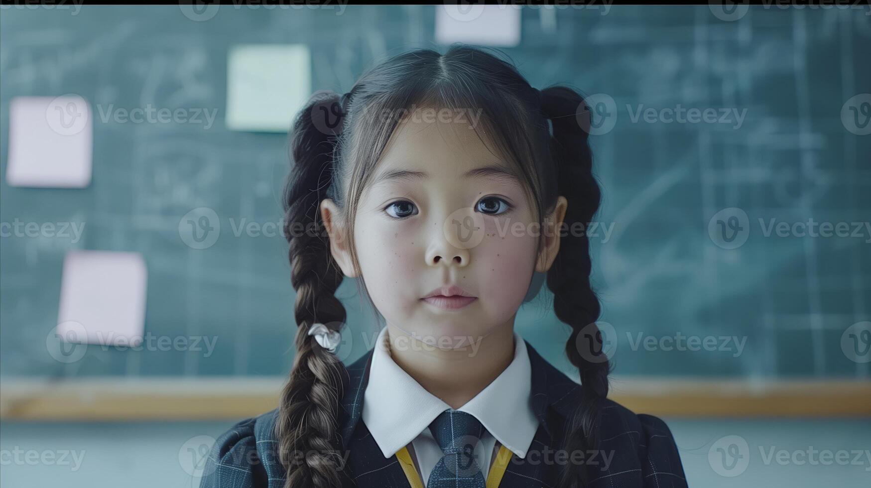 AI generated Japanese schoolgirl with braided hair standing in classroom photo