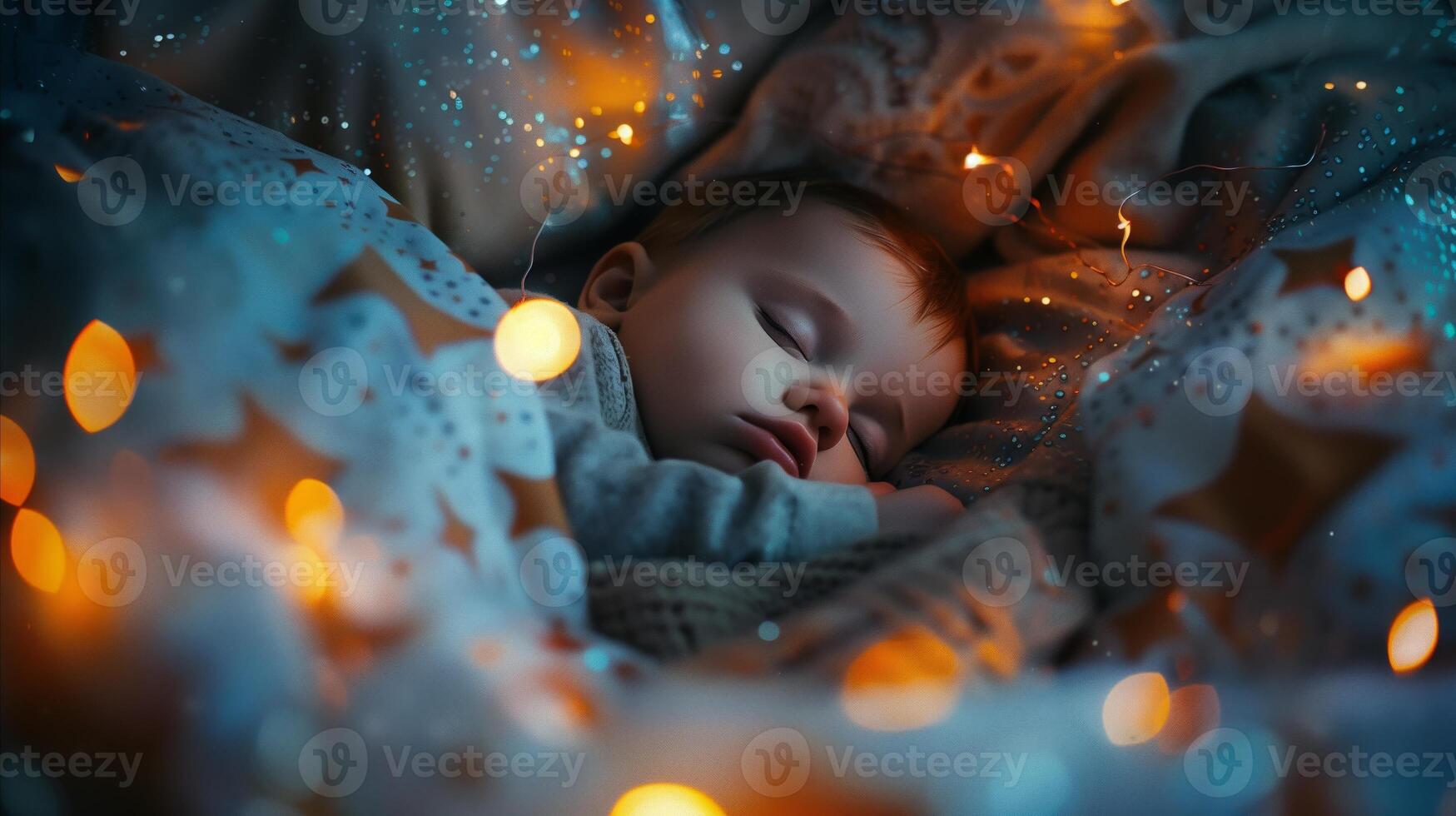 AI generated Peaceful toddler sleeping surrounded by warm fairy lights photo