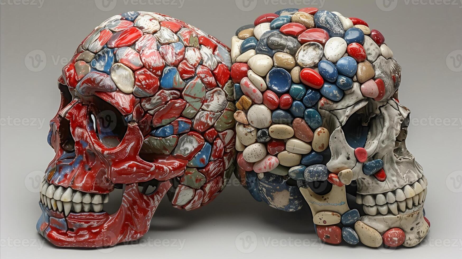 AI generated Artistic representation of skulls covered in colorful pills photo