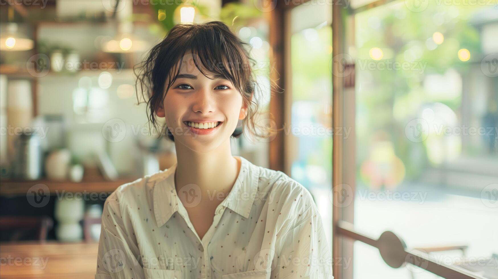 AI generated Attractive Japanese woman smiling warmly in a cafe setting photo