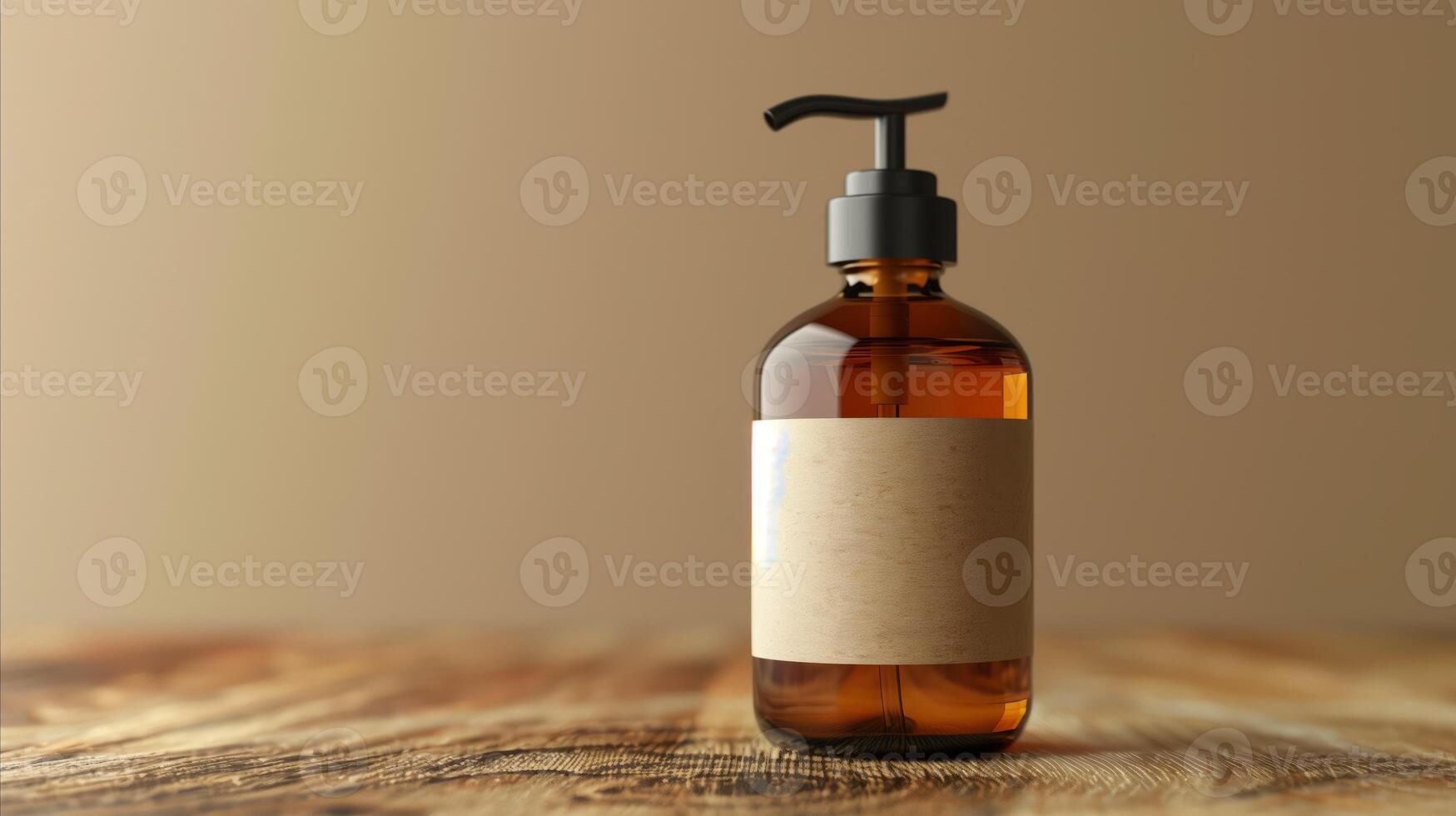 AI generated Amber glass dispenser bottle with blank label on wooden surface photo