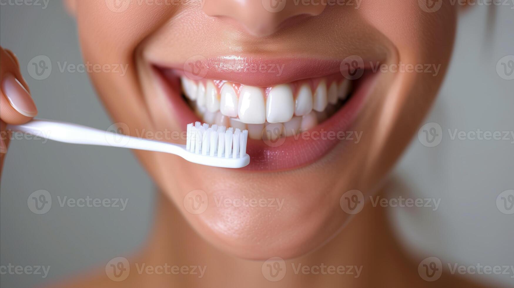 AI generated Close-up of woman smiling holding a toothbrush photo