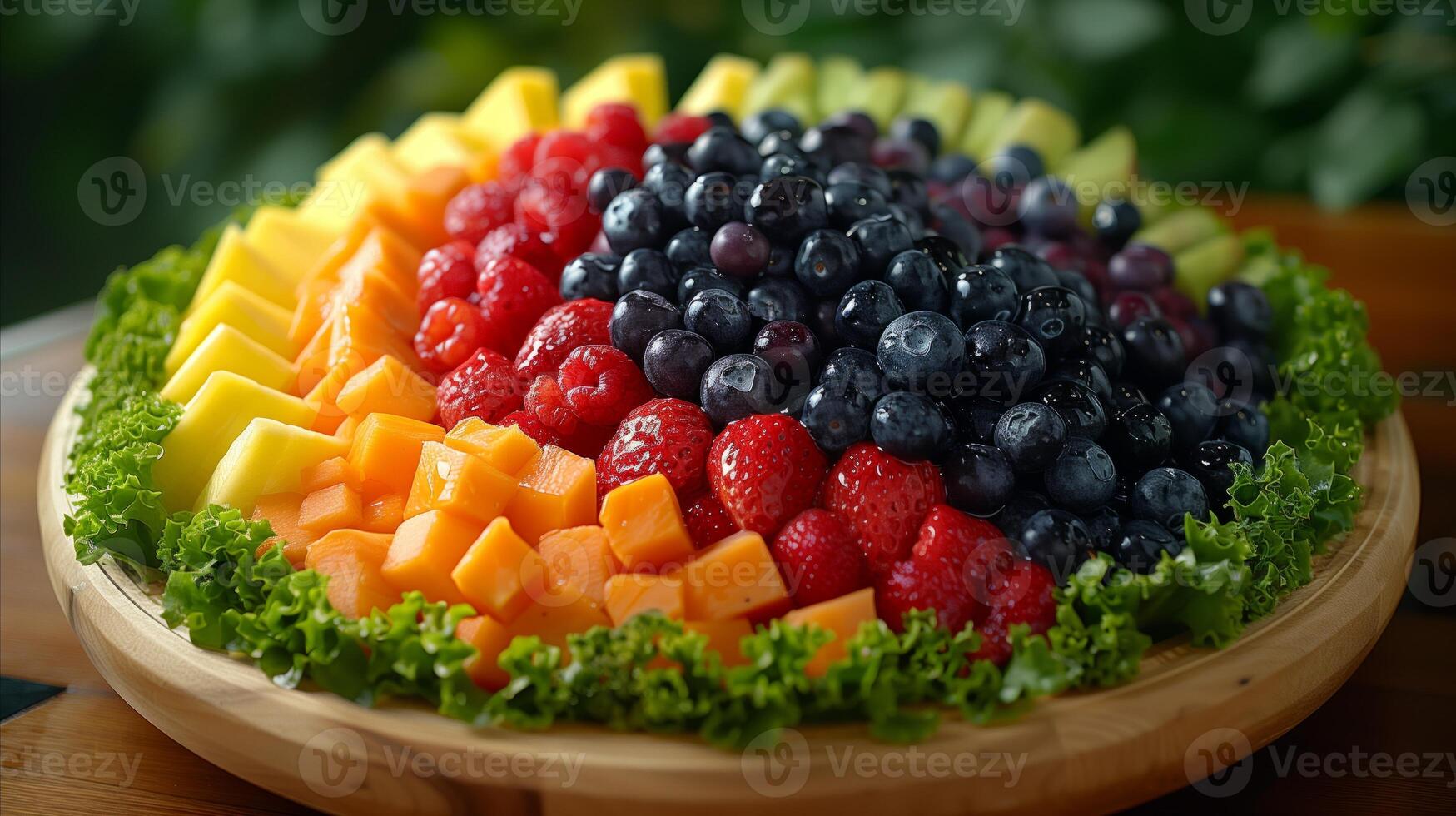 AI generated Colorful assorted fresh fruits on a wooden platter photo