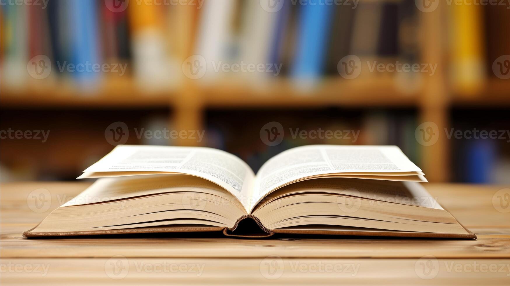 AI generated Open book on a wooden table with blurred library background photo