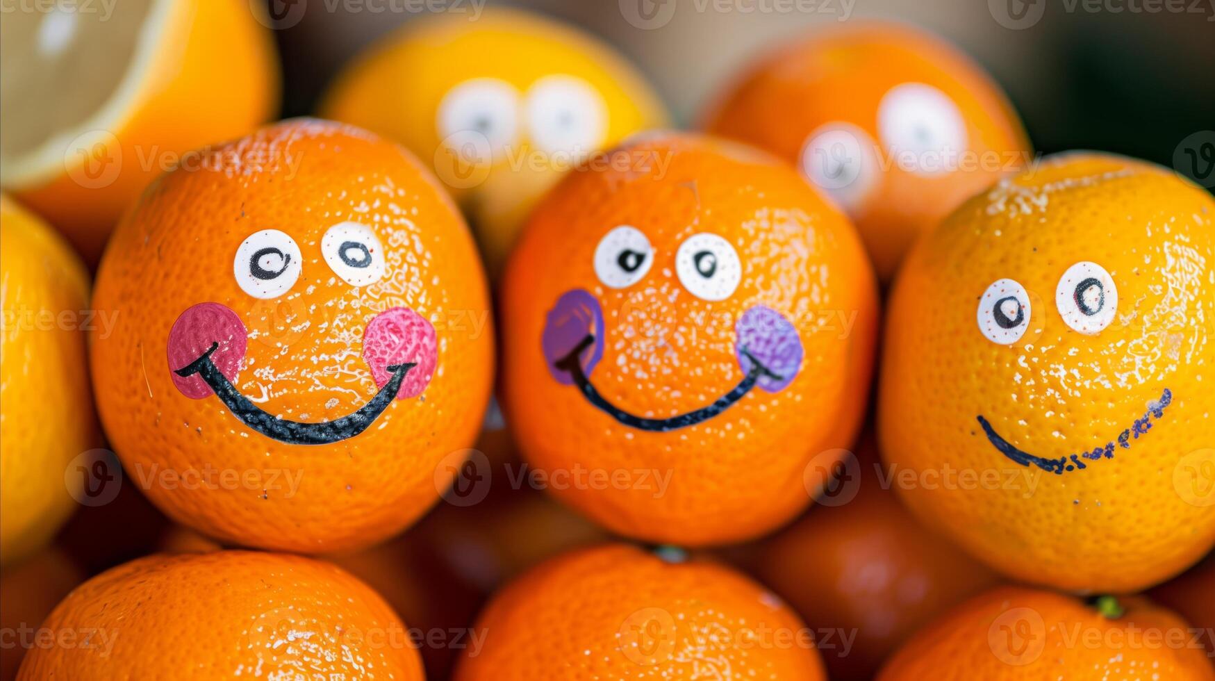 AI generated Playful oranges with funny painted faces close-up photo