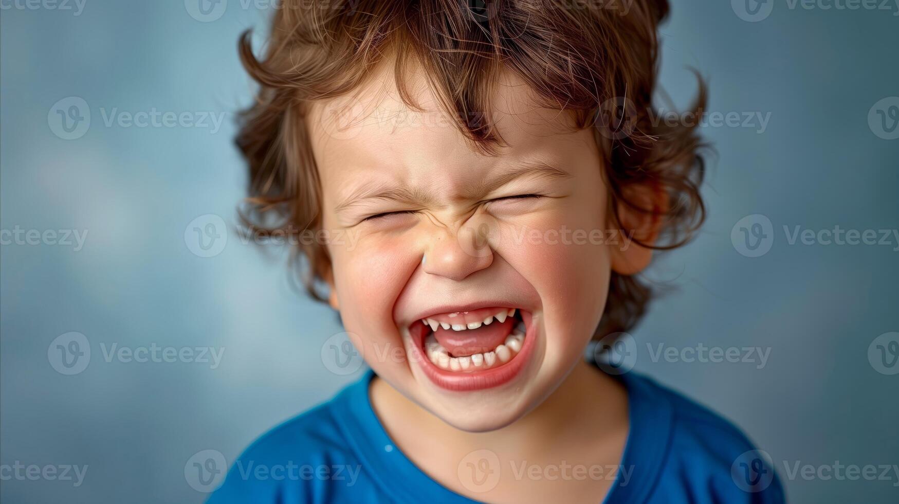 AI generated Curly-haired child in a blue shirt on a blurred background photo