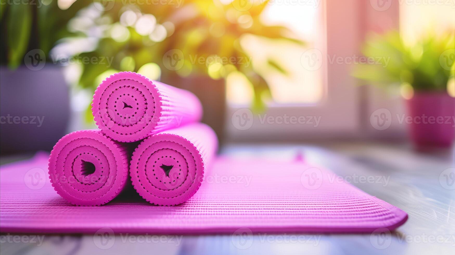 AI generated Bright yoga studio with colorful equipment on sunny day photo