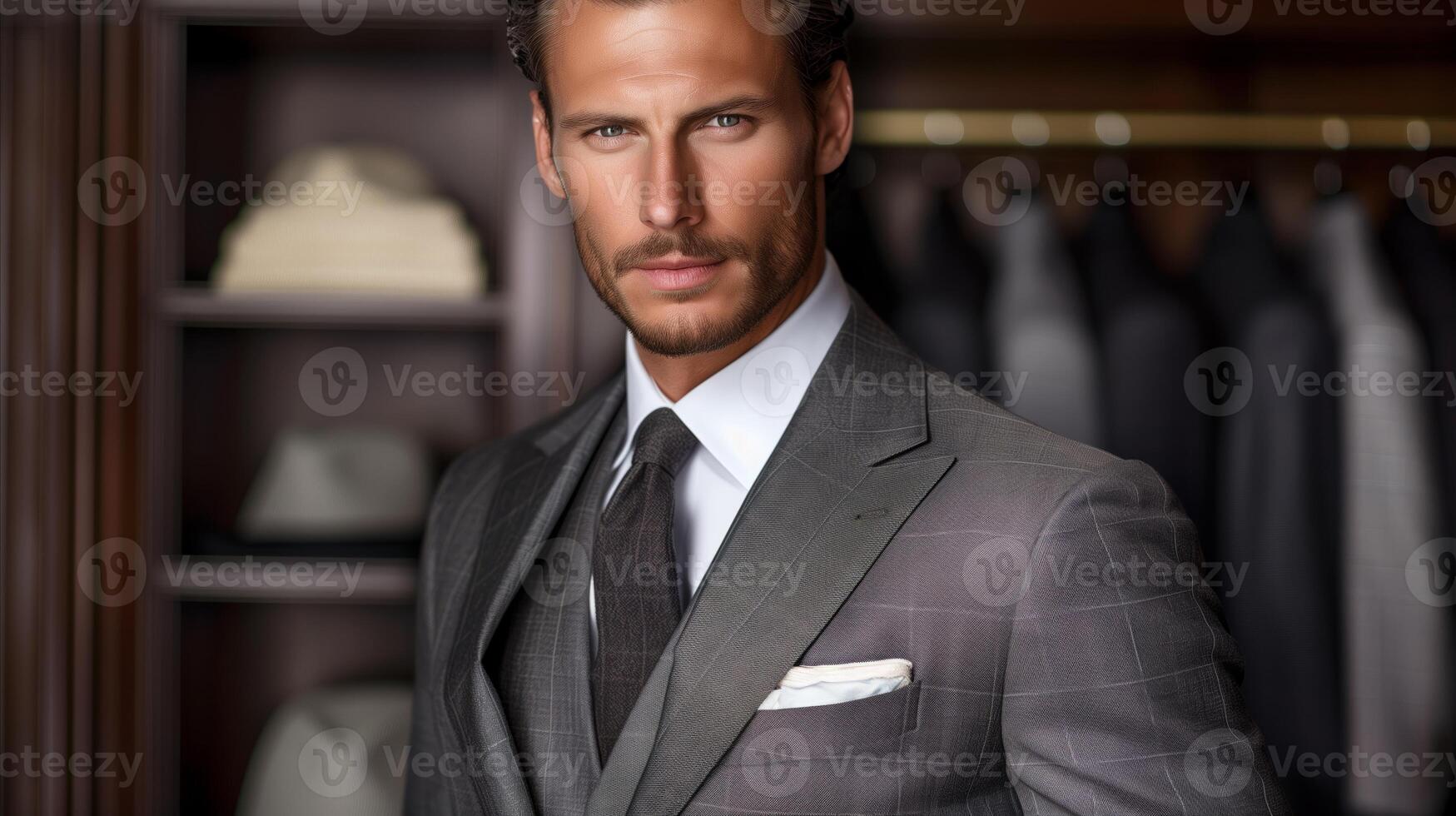 AI generated Elegant man in a suit standing in a luxury clothing store photo