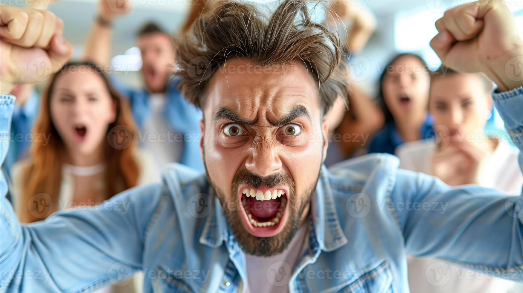 AI generated Energetic man leading a group of excited people photo