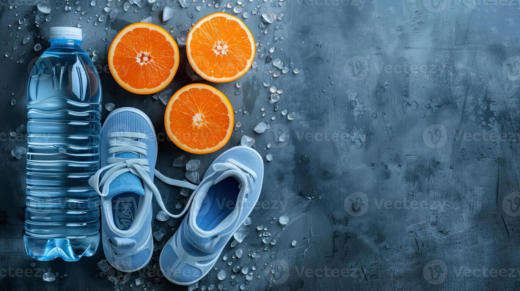AI generated Shoes, water bottle, and orange slices on ground photo