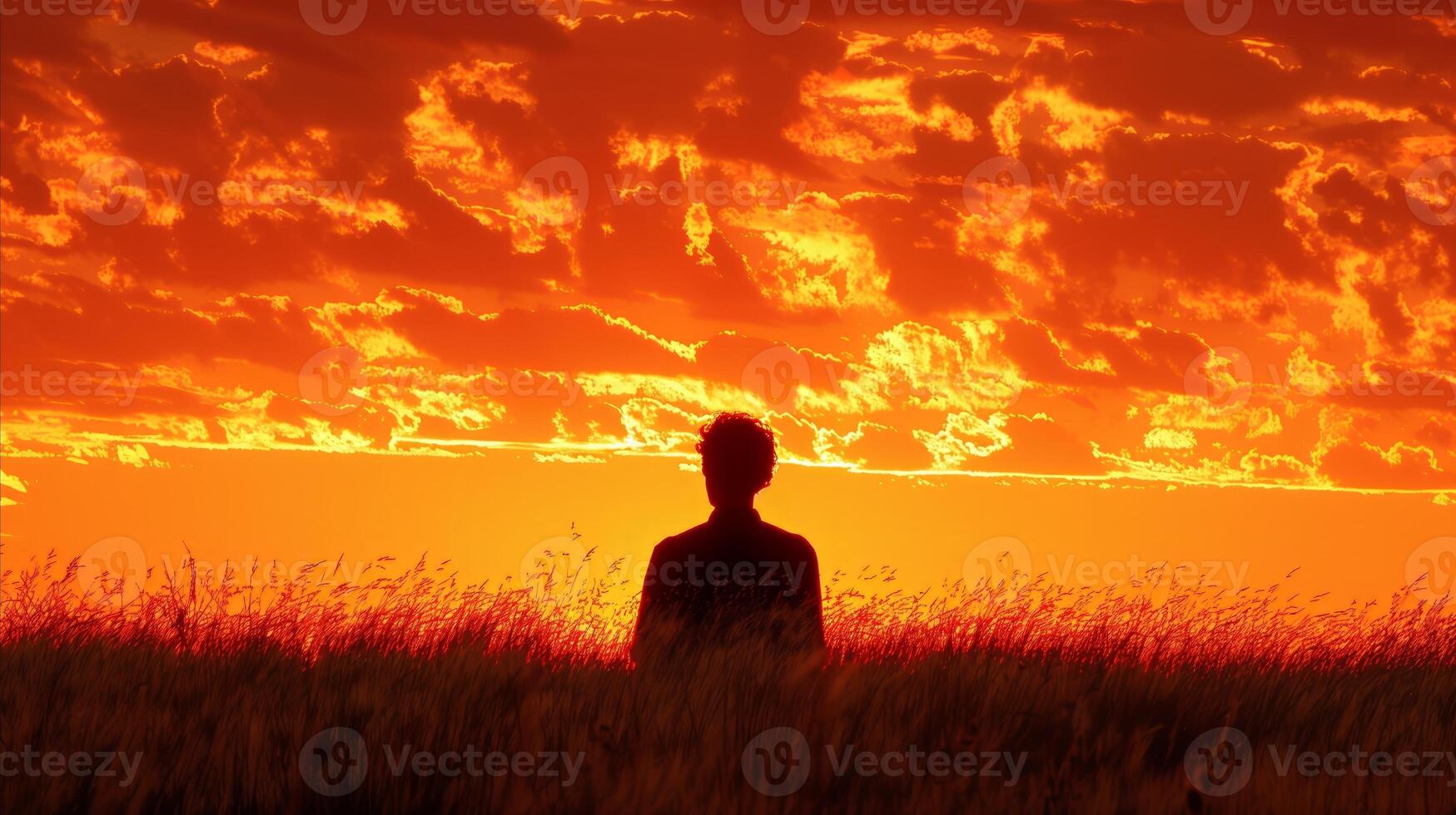 AI generated Silhouetted figure against a vibrant sunset sky in the countryside photo