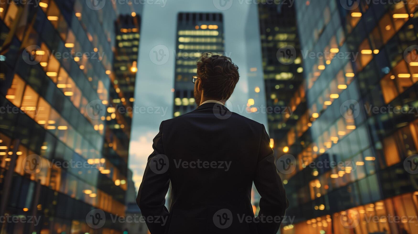 AI generated Man in suit standing in front of tall buildings photo