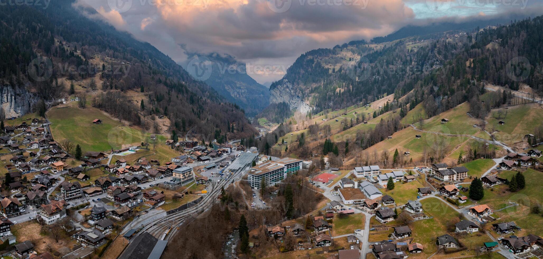 Beautiful aerial view of the Staubbach Falls in Switzerland. Magical panoramic aerial view. photo