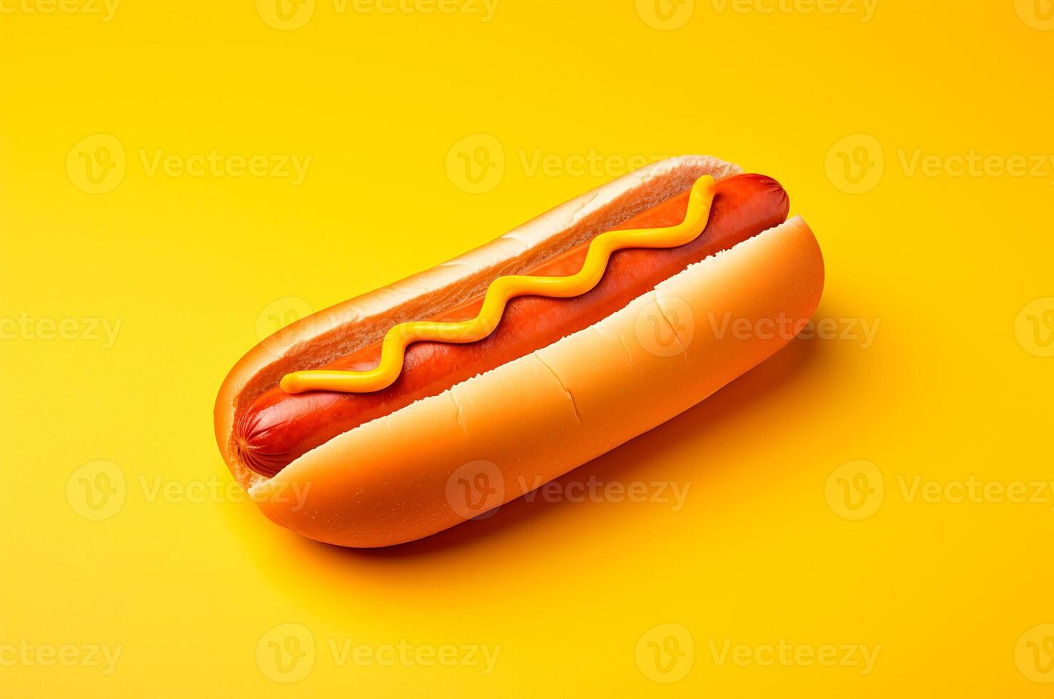 AI generated Minimalistic hot dog on a yellow background with mustard photo