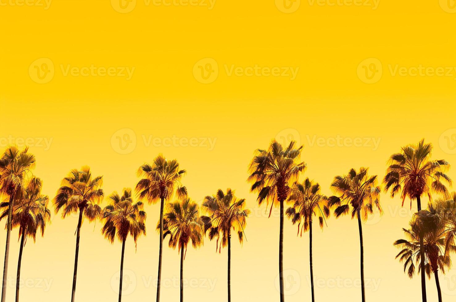 AI generated Many palm trees on a yellow background, Summer evening photo