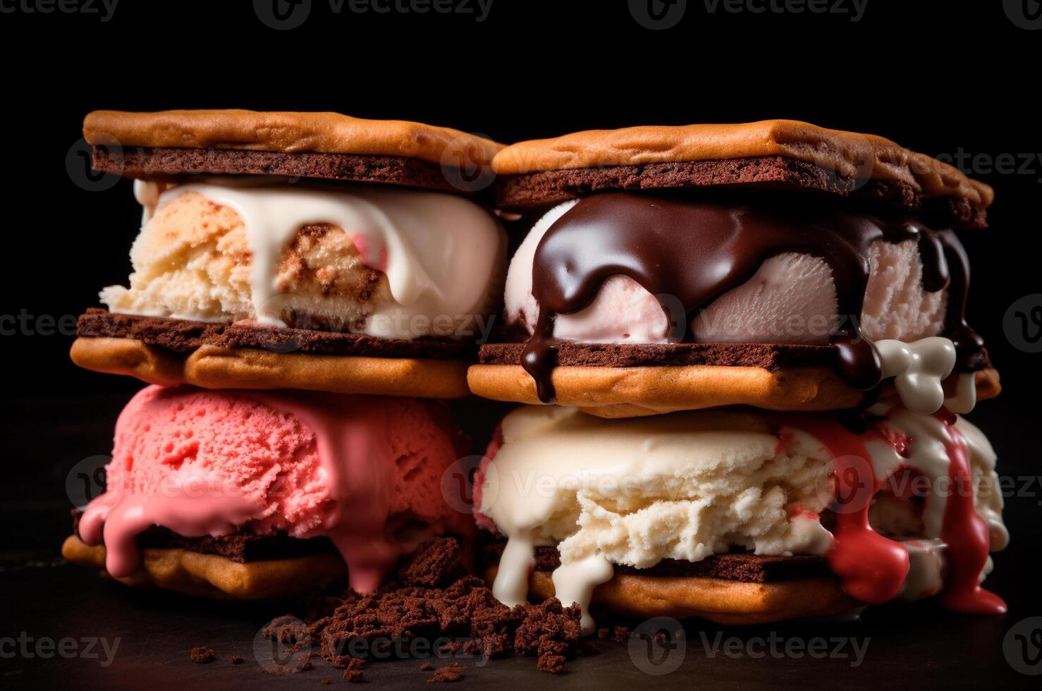 AI generated Ice cream sandwich, ice cream with cookies and sauce photo