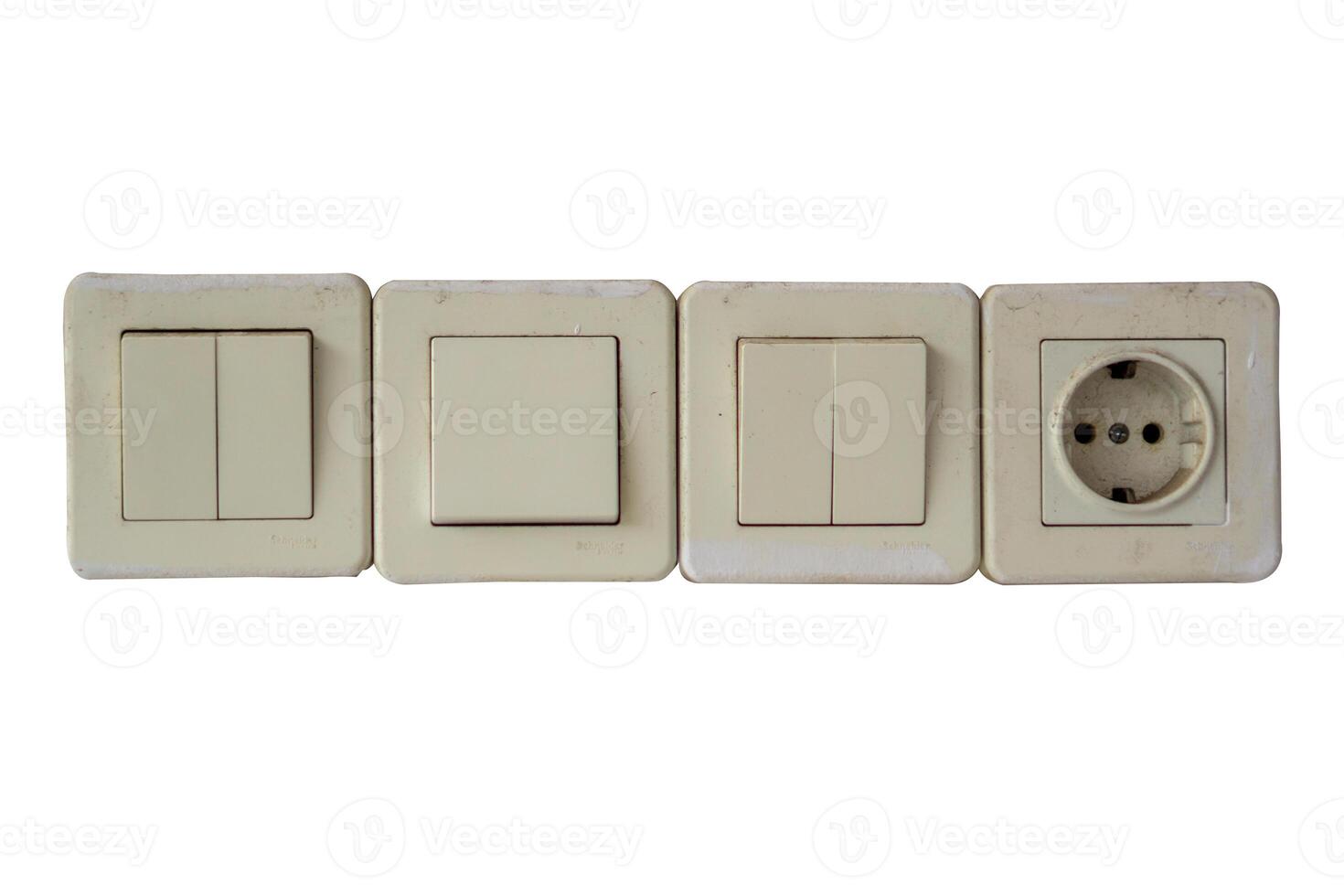 Electrical sockets and a switches isolated on white background. Electrical port. On and off switches. photo