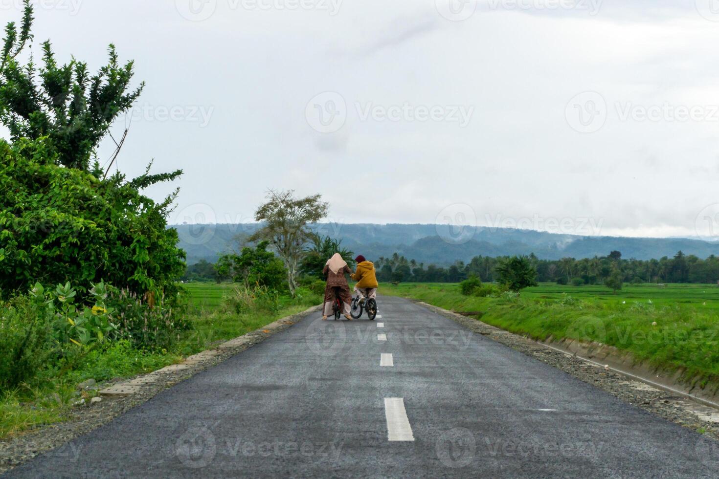 dos hijab asiático mujer montando bicicleta a el Mañana en el asfalto la carretera. dos muchachas ciclismo con montaña y arrozal arroz campo ver foto