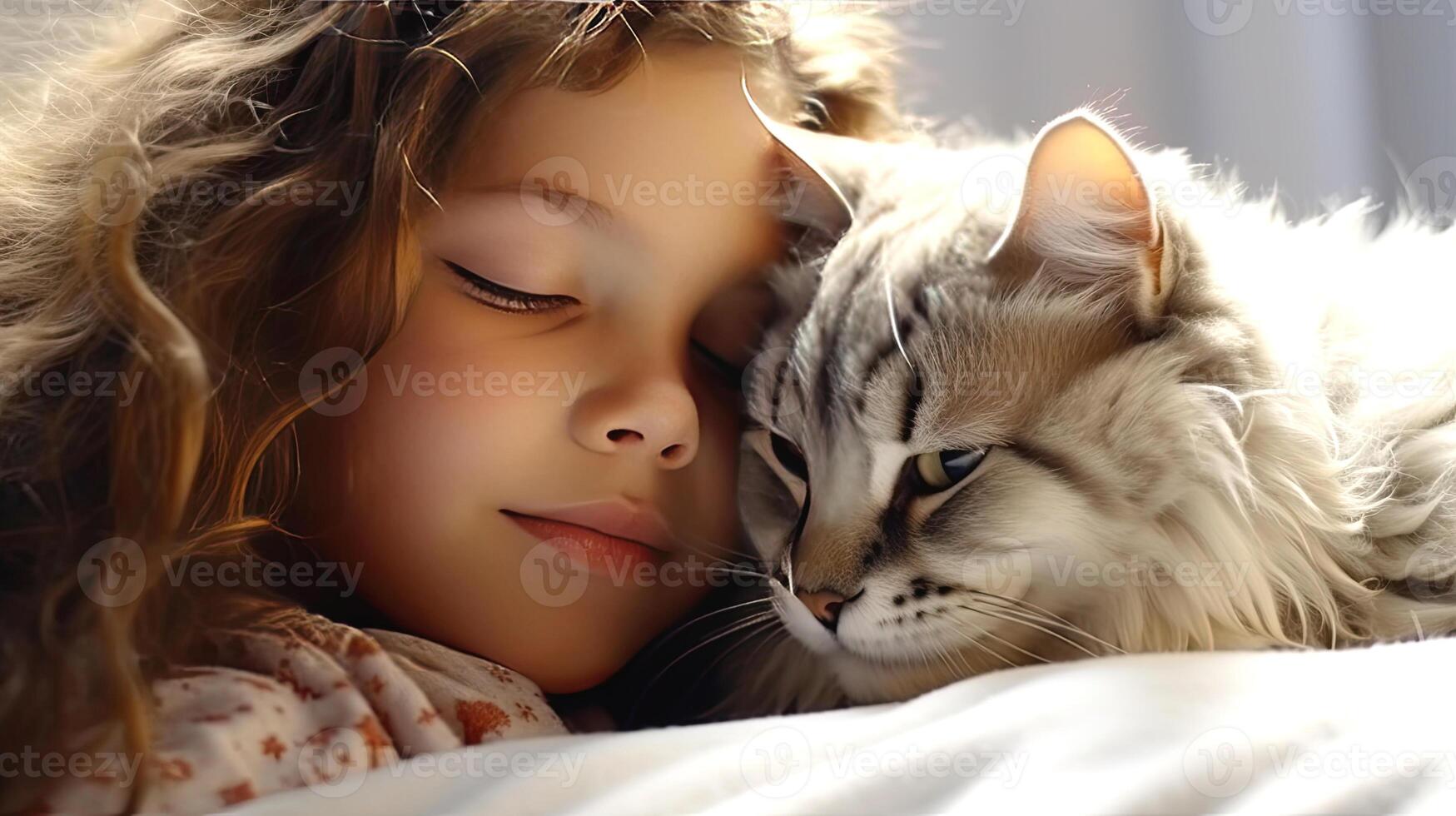 ai generado un hermosa niña abrazos un mullido gato en su dormir, de cerca retrato. amistad y oferta sentimientos Entre humano y animal concepto. ai generado ilustración. foto