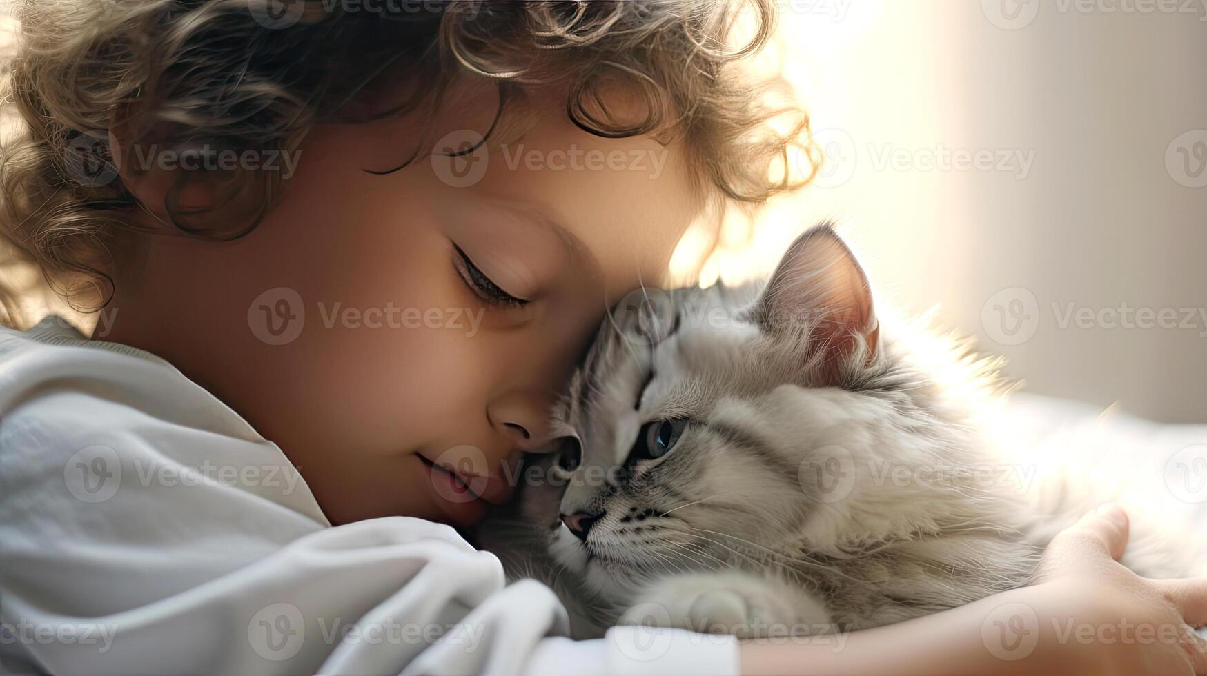 AI generated Boy hugs kitten close-up portrait. Friendship and tender feelings between human and animal concept. AI generated illustration. photo