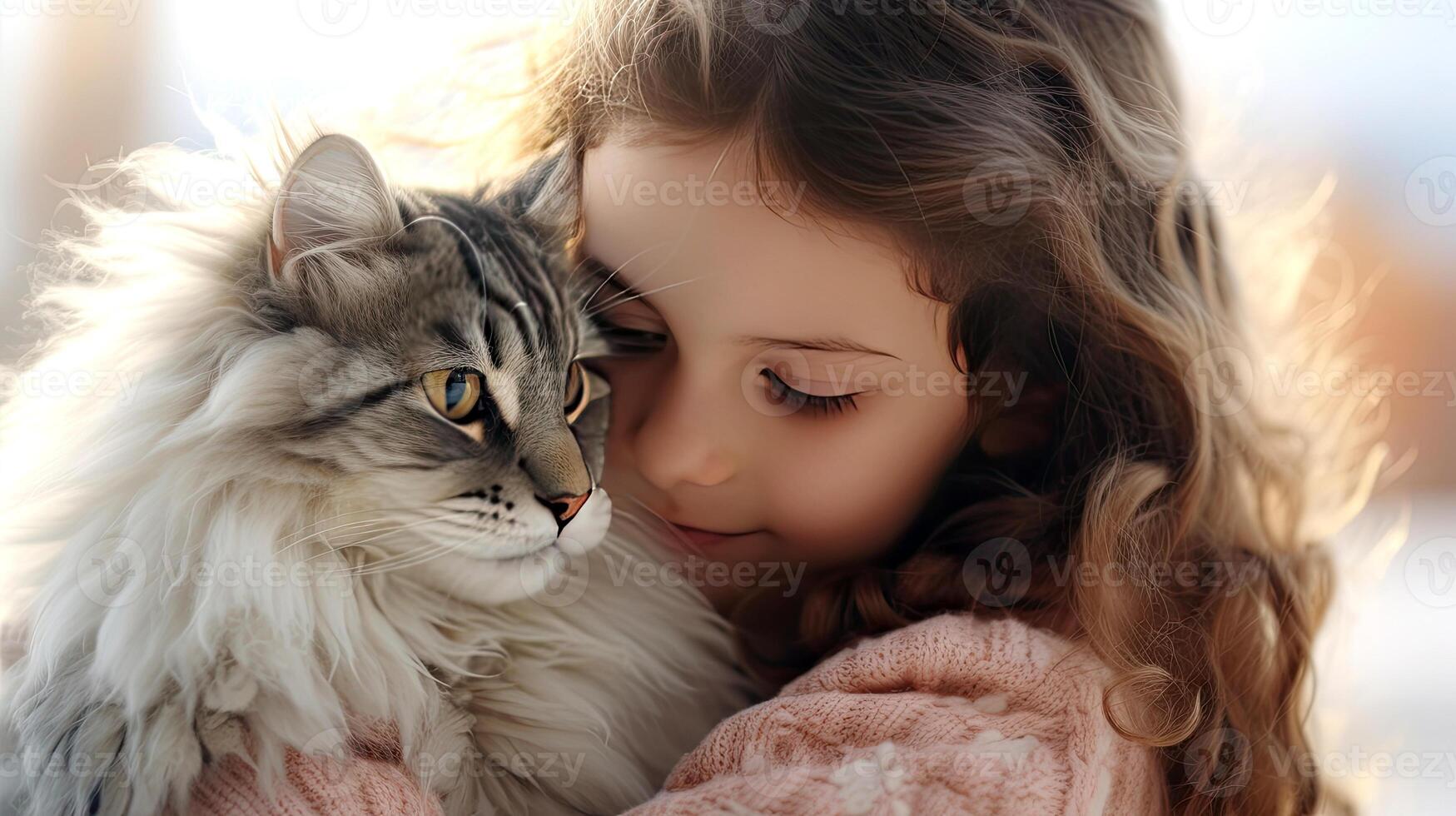 AI generated Beautiful girl holding a fluffy cat in her arms close-up portrait. Friendship and tender feelings between human and animal concept. AI generated illustration. photo