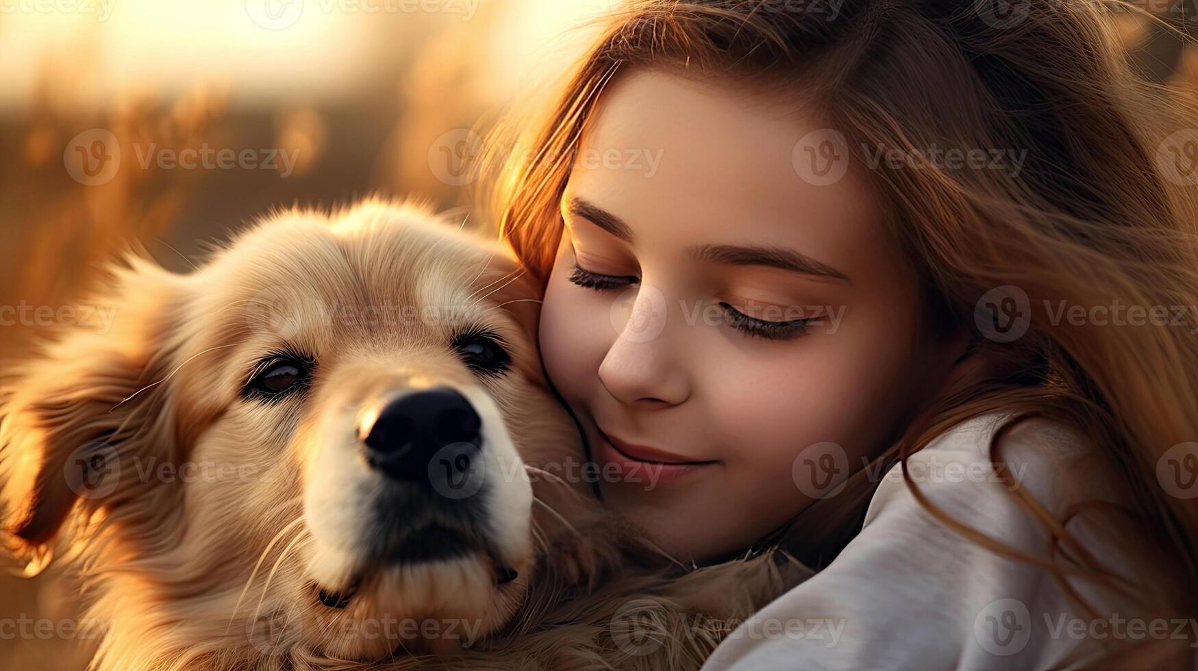 AI generated Tender hugs of a beautiful girl and a golden retriever close-up portrait. Friendship and tender feelings between human and animal concept. AI generated illustration. photo