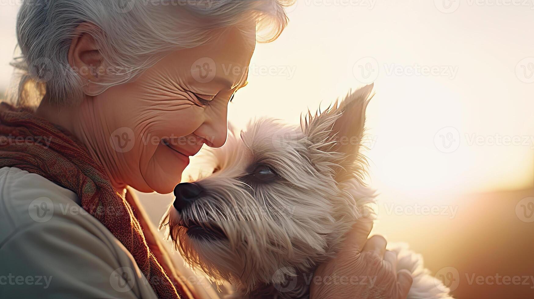 AI generated Beautiful old lady and white funny dog close-up portrait in backlight. Friendship and tender feelings between human and animal concept. AI generated illustration. photo