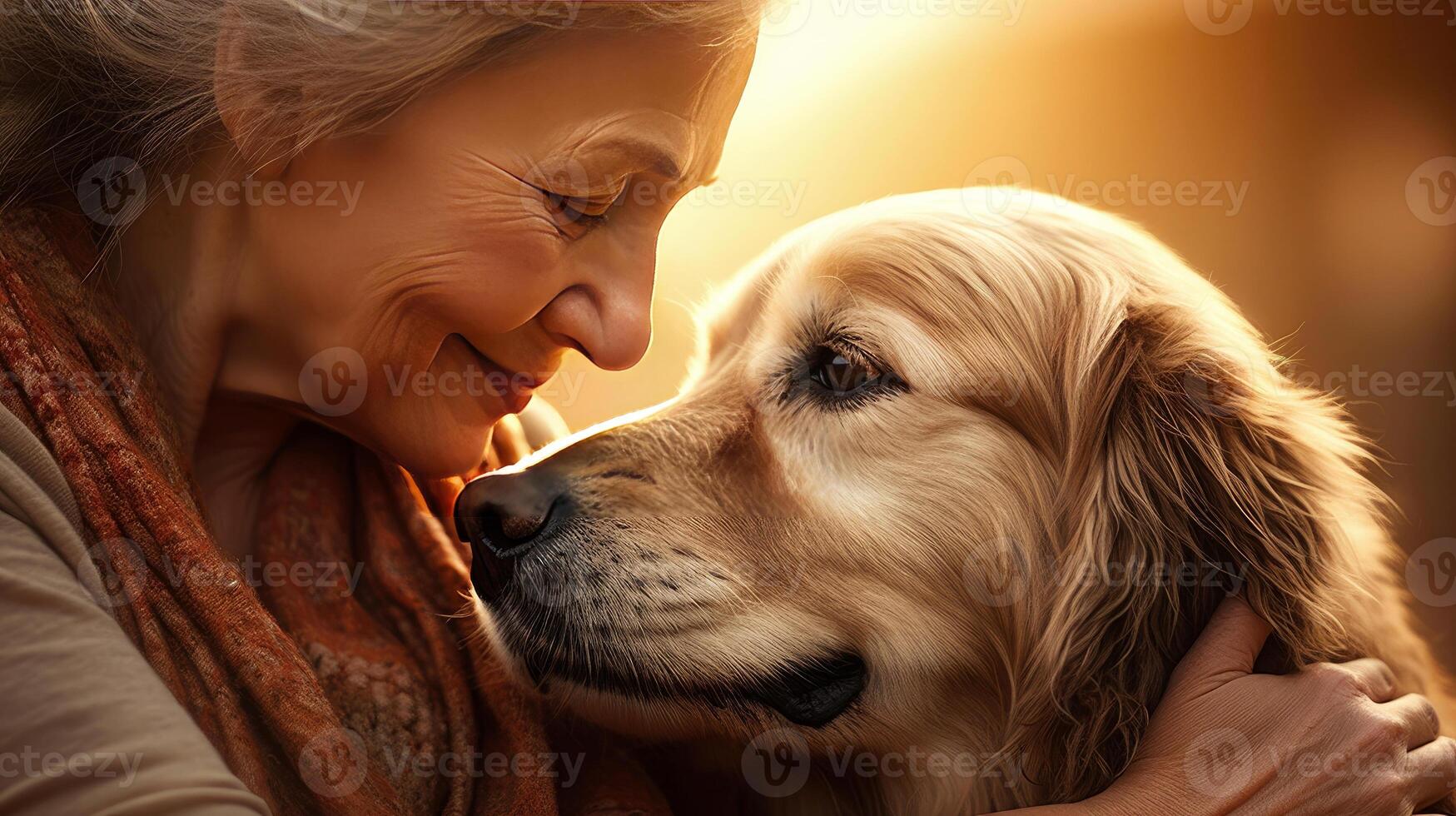 AI generated Old lady and golden retriever dog close-up portrait in backlight. Friendship and tender feelings between human and animal concept. AI generated illustration. photo