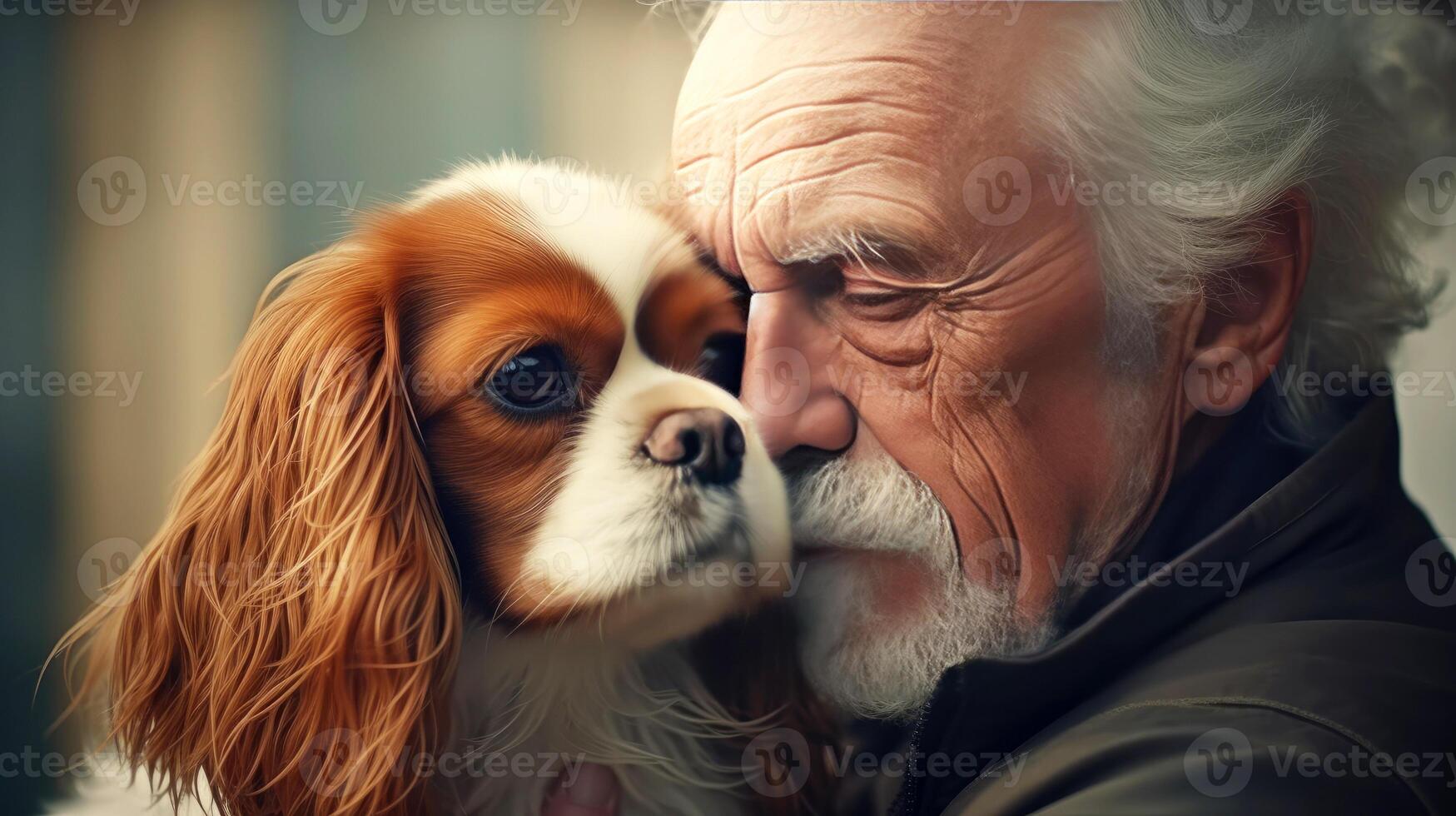 AI generated Old man hugs his dog close-up portrait. Friendship and tender feelings between human and animal concept. AI generated illustration. photo