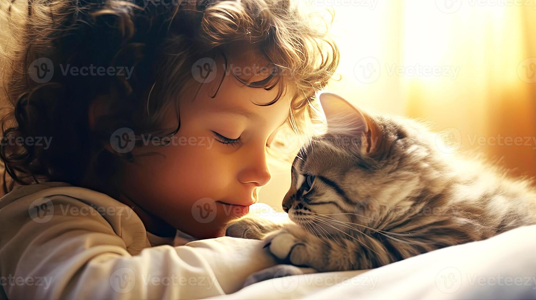 AI generated Boy watching a kitten close-up portrait. Friendship and tender feelings between human and animal concept. AI generated illustration. photo