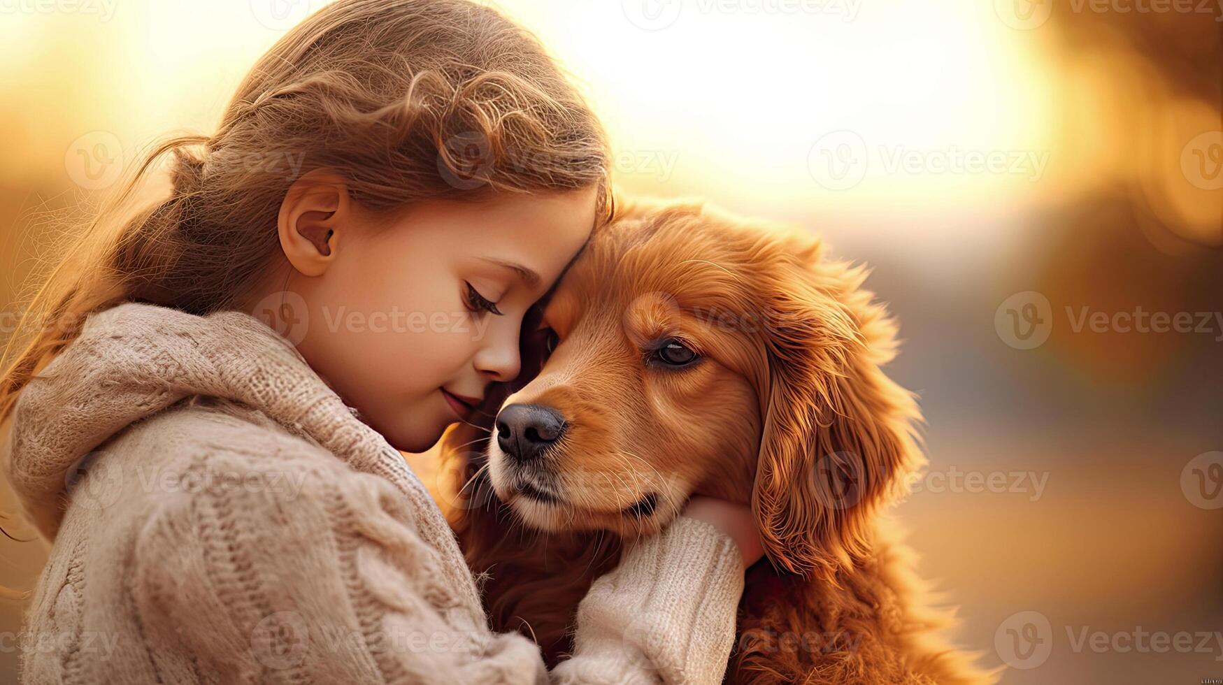 AI generated Beautiful girl tenderly hugs a golden retriever close-up portrait in backlight. Friendship and tender feelings between human and animal concept. AI generated illustration. photo