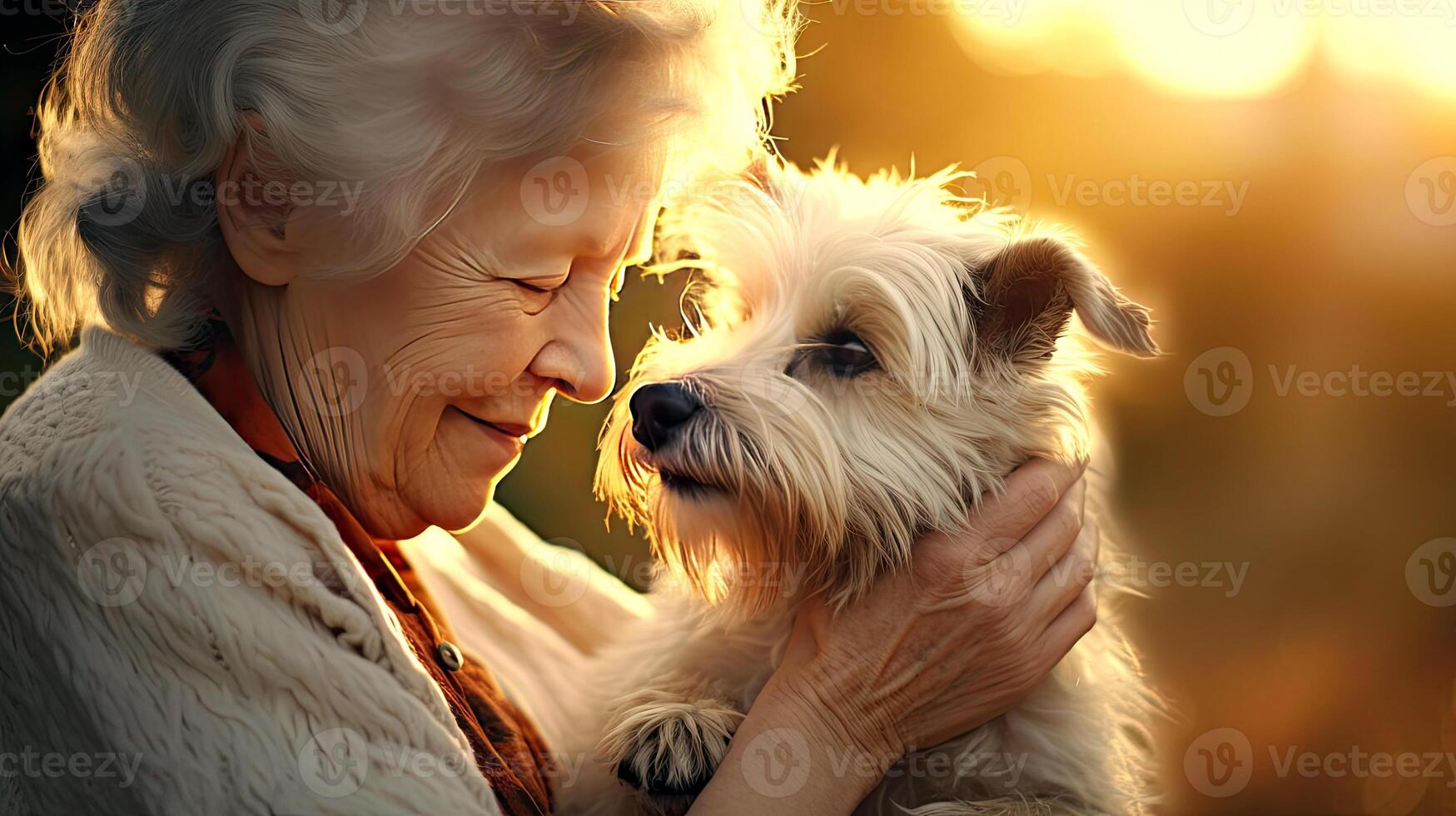 AI generated Beautiful old lady and funny dog close-up portrait in backlight. Friendship and tender feelings between human and animal concept. AI generated illustration. photo