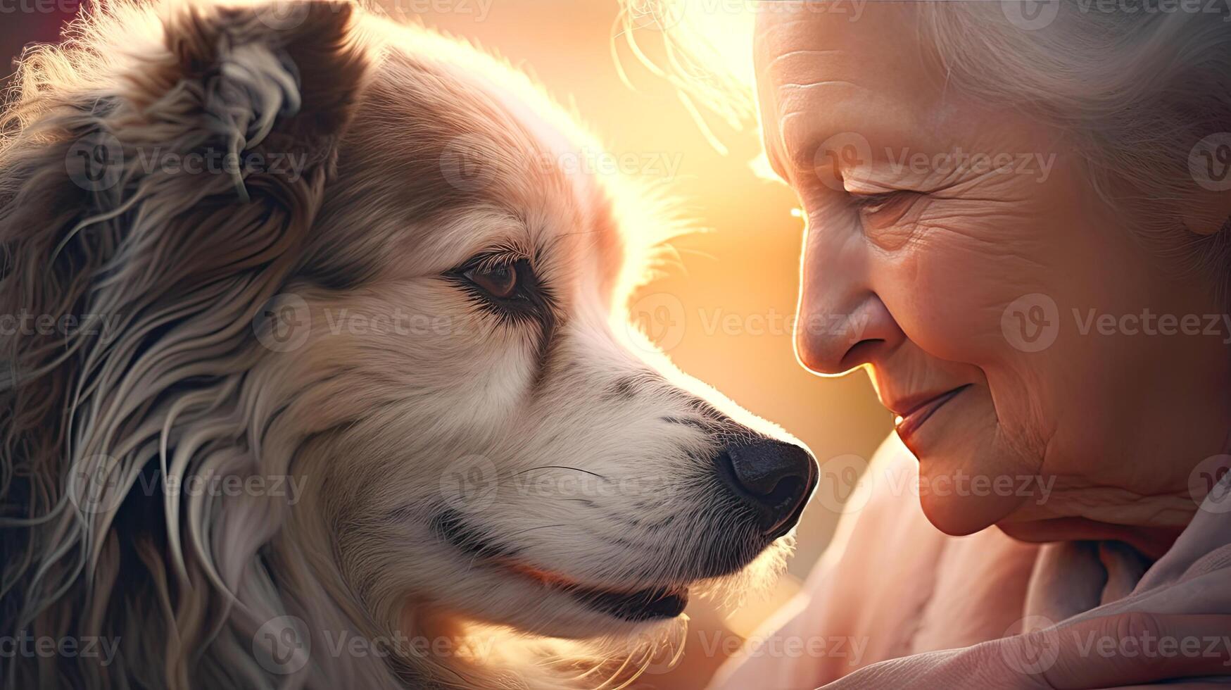 AI generated Old lady looks at her dog close-up portrait. Friendship and tender feelings between human and animal concept. AI generated illustration. photo