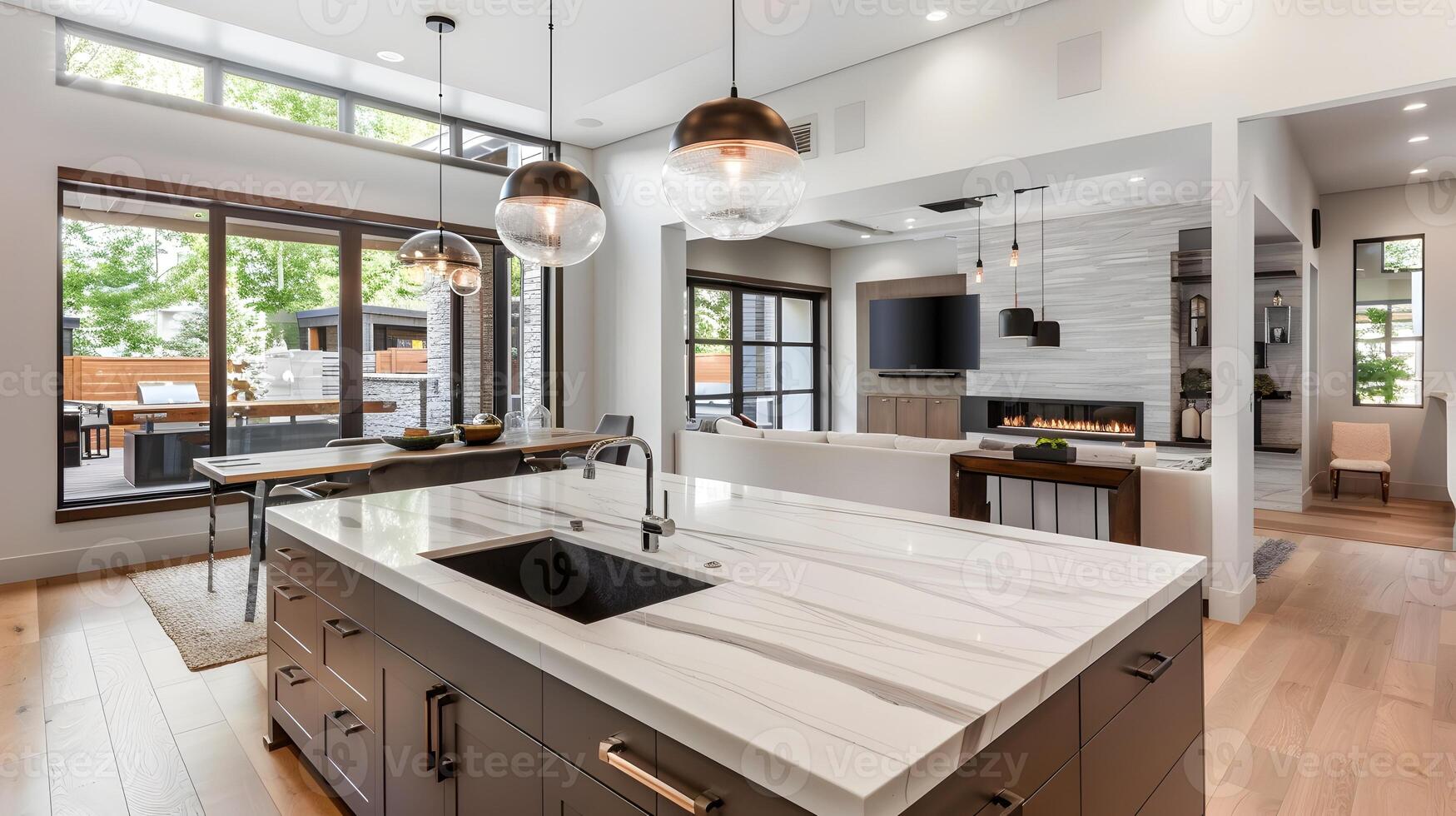 AI generated Spacious Modern Kitchen with Italian Porcelain Countertops and Adjustable Track Lighting photo