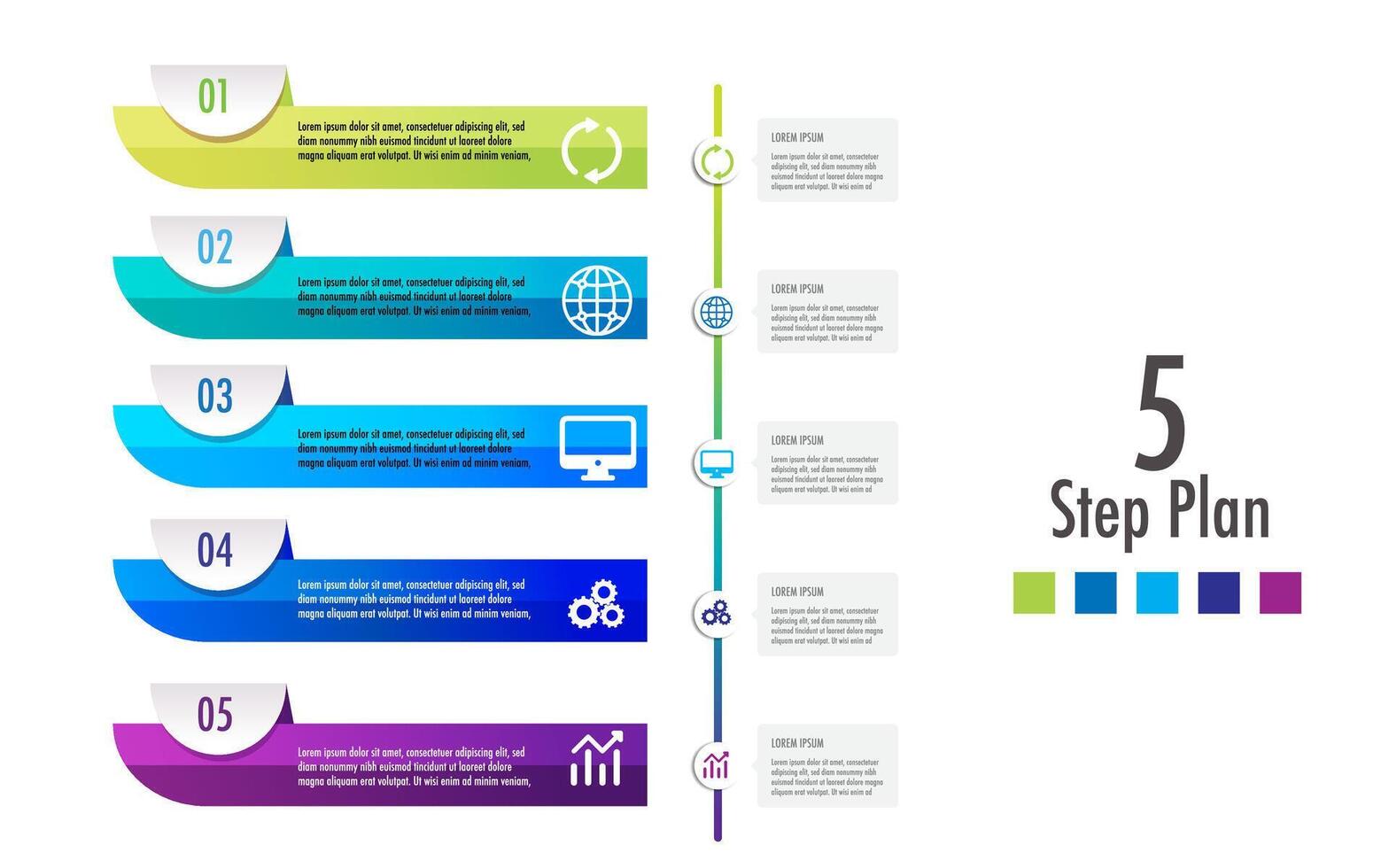 infografía modelo 5 5 paso para negocio dirección, márketing estrategia, diagrama, datos, resplandor, flecha línea de tiempo, para presentación reporte y Progreso vector