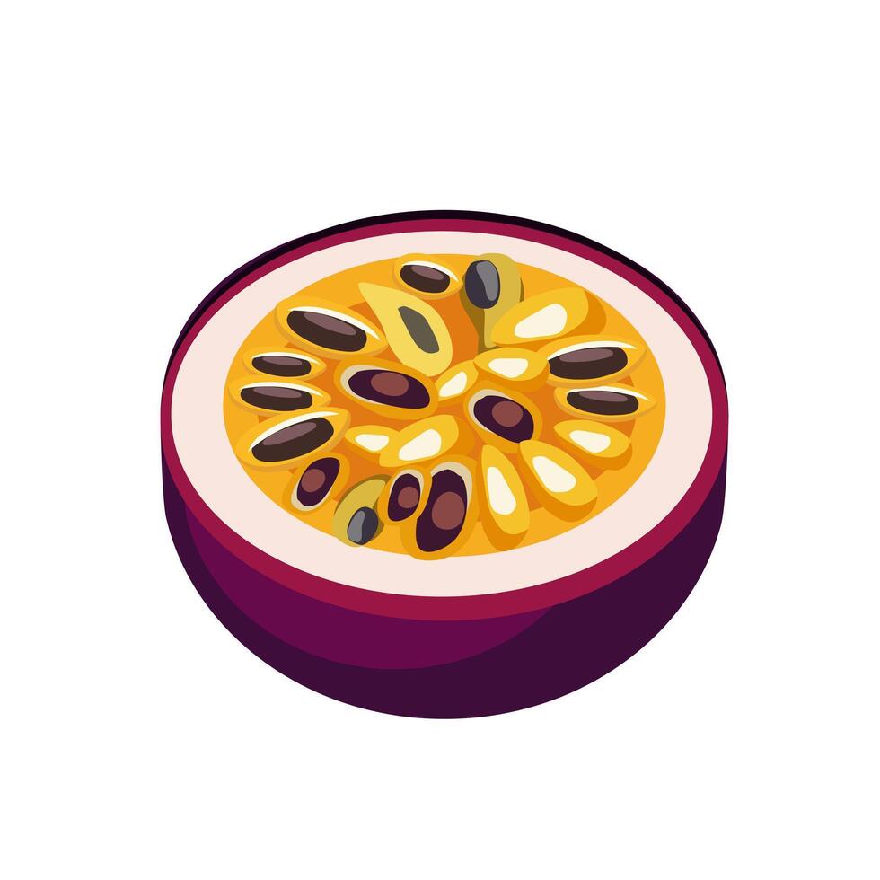 Juicy and healthy half of purple passion fruit isolated on white background. Vector fruit illustration in flat style. Summer clipart for design of card, banner, flyer, sale, poster, icons