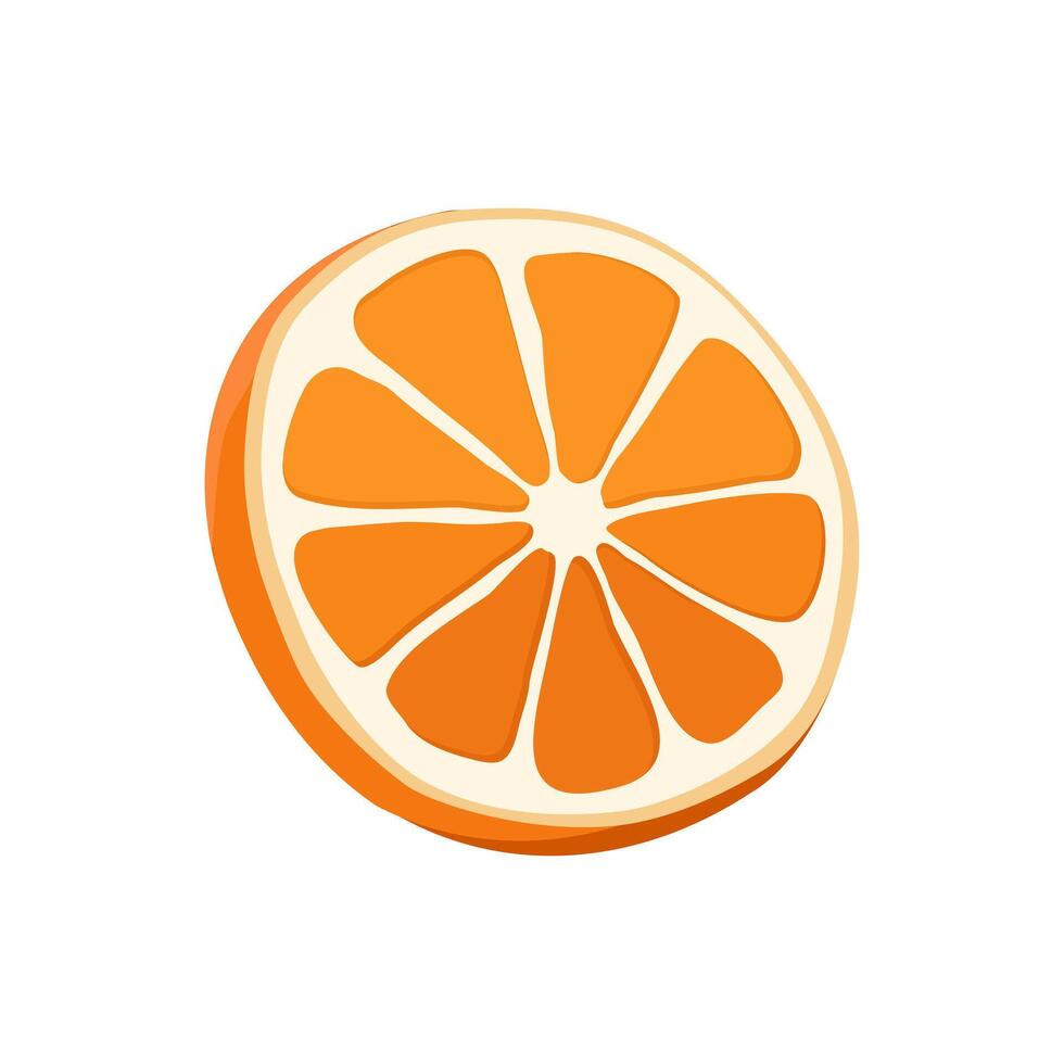 Juicy and healthy thin slice of red orange isolated on white background. Vector sliced fruit illustration in flat style. Summer clipart for design of card, banner, flyer, sale, poster, icons