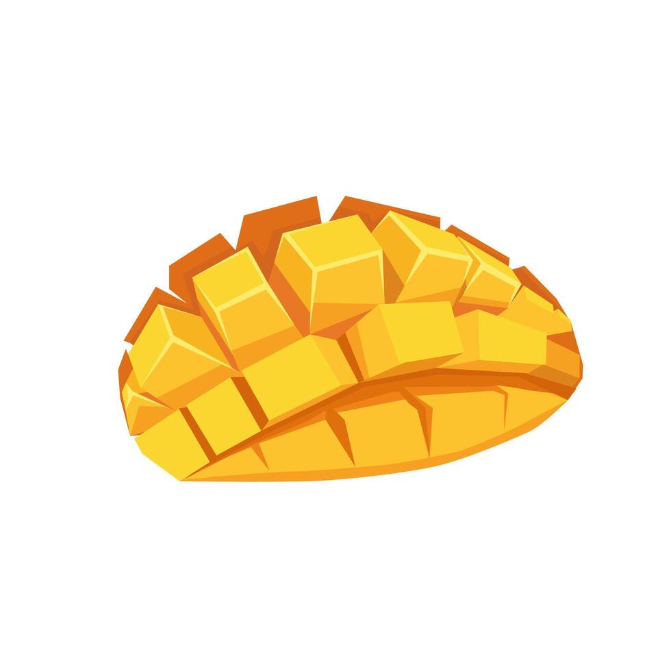 Juicy and healthy chopped half yellow mango half isolated on white background. Vector fruit illustration in flat style. Summer clipart for design of card, banner, flyer, sale, poster, icons