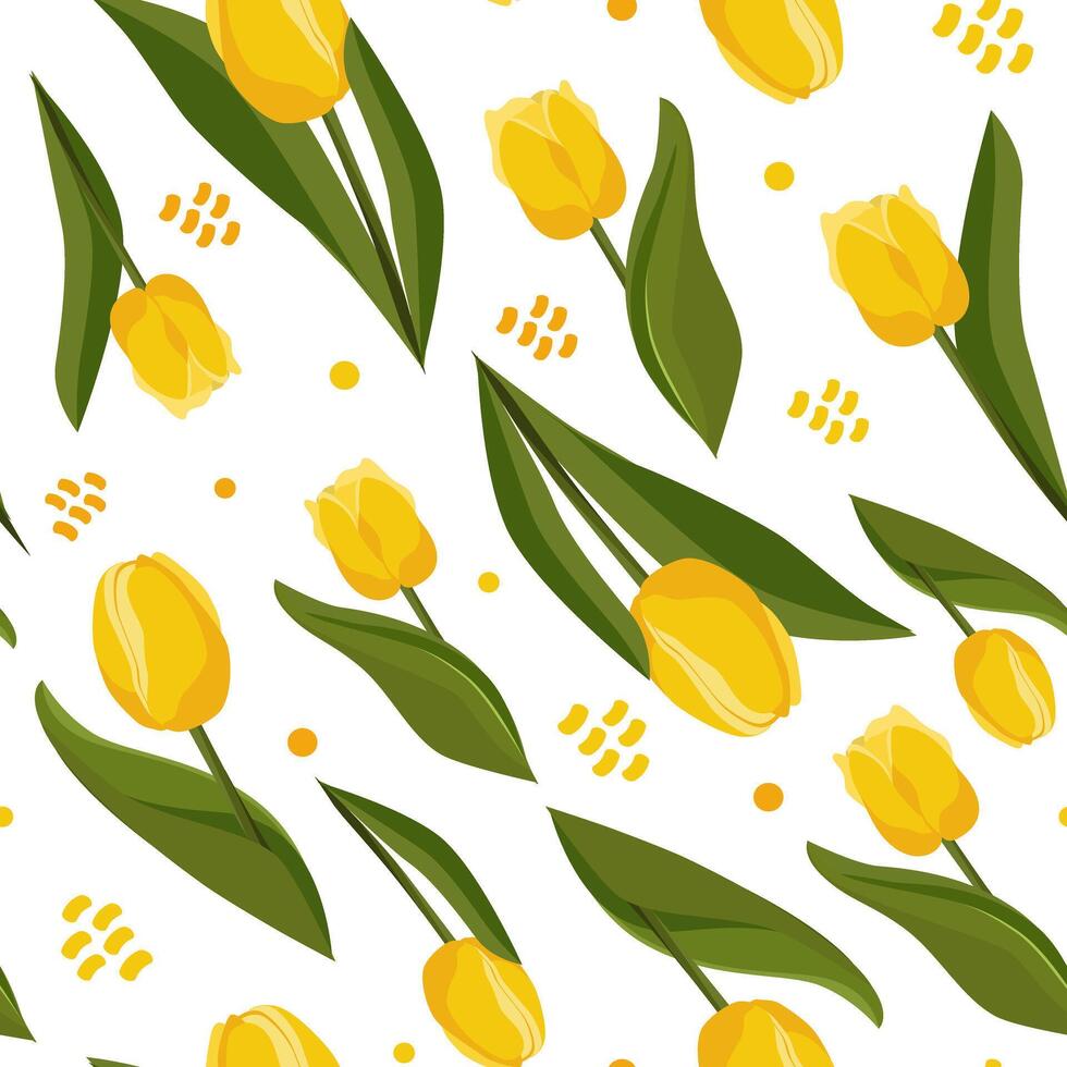 Seamless vector pattern with yellow tulips on white background. Flat design with flowers for scrapbooking, kids clothes, dress, fabric and textile