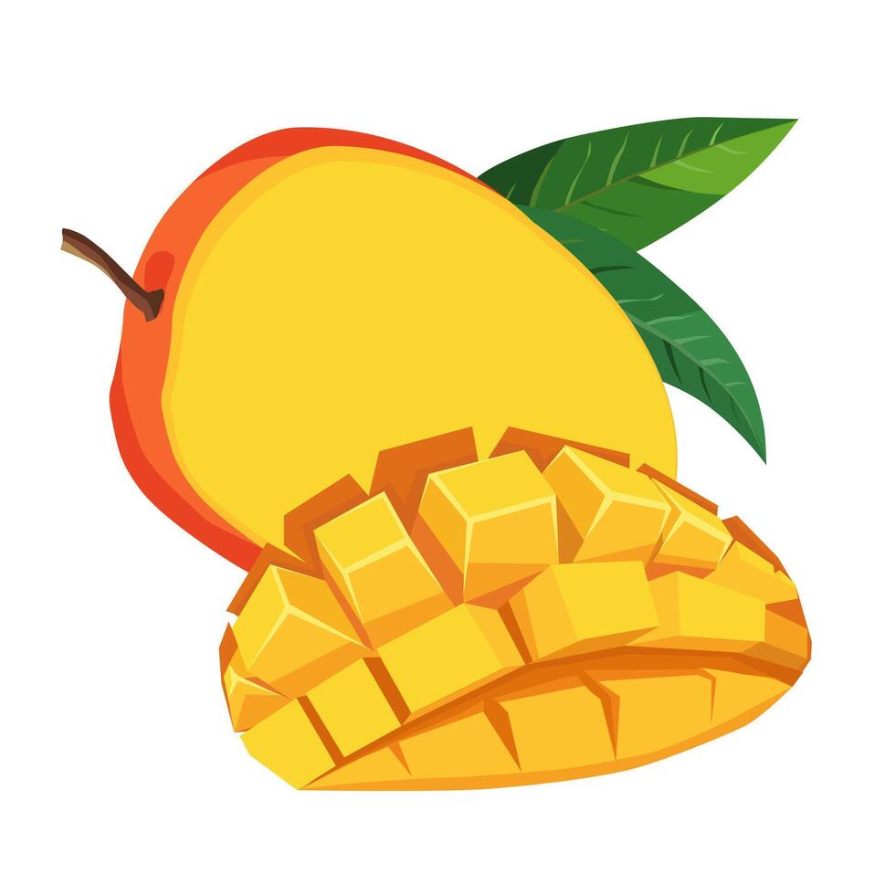 jugoso y sano Cortado y todo mango medio aislado en blanco antecedentes. vector Fruta ilustración en plano estilo. verano clipart para diseño de tarjeta, bandera, volantes, venta, póster, íconos