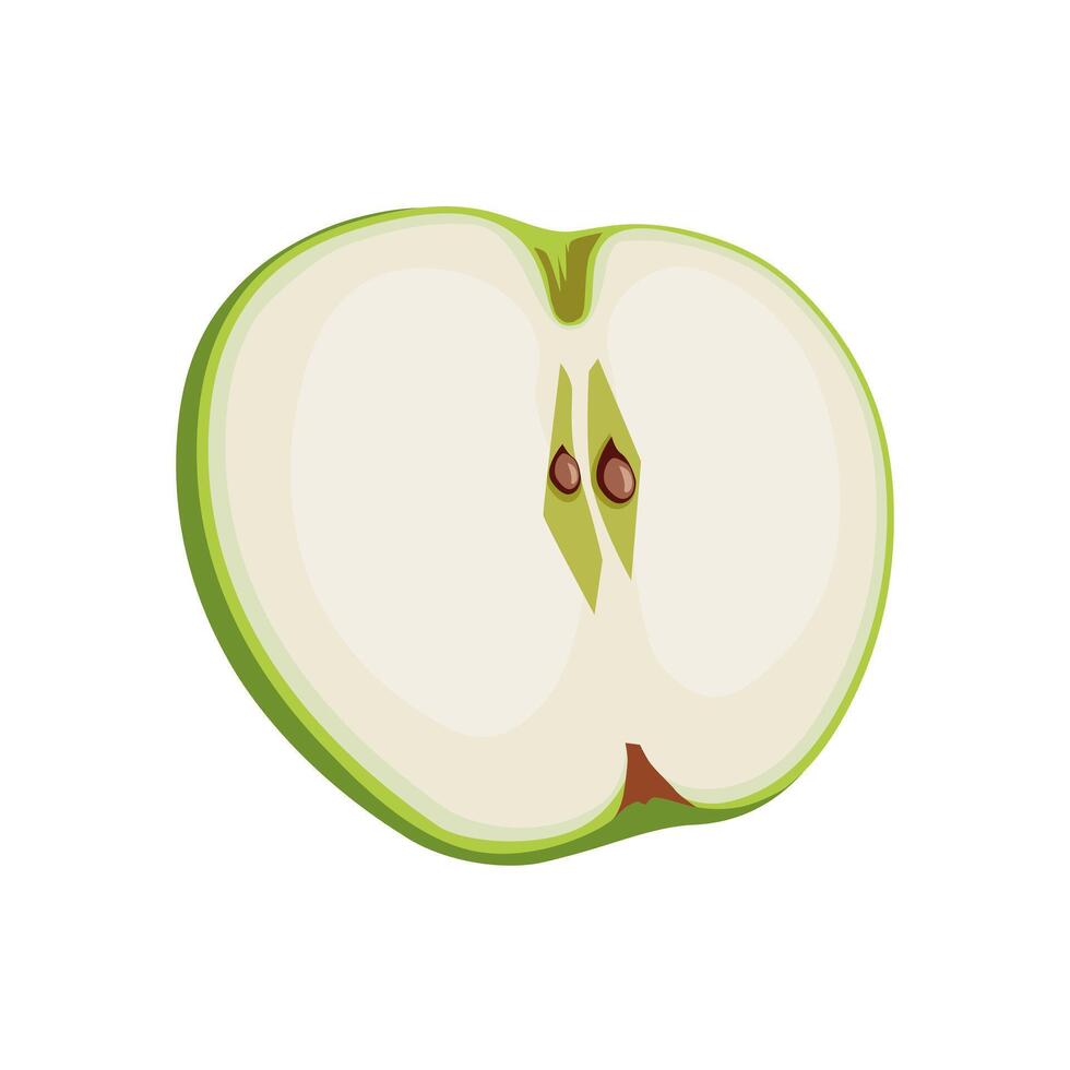 Juicy and healthy green thin slice of apple isolated on white background. Vector sliced fruit illustration in flat style. Summer clipart for design of card, banner, flyer, sale, poster, icons