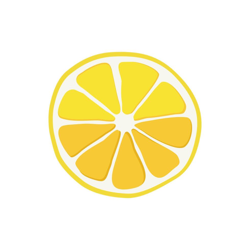Juicy and healthy yellow thin slice of lemon isolated on white background. Vector sliced fruit illustration in flat style. Summer clipart for design of card, banner, flyer, sale, poster, icons