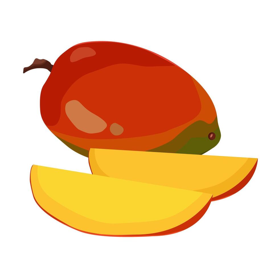 Juicy and healthy red mango with slices isolated on white background. Vector fruit illustration in flat style. Summer clipart for design of card, banner, flyer, sale, poster, icons